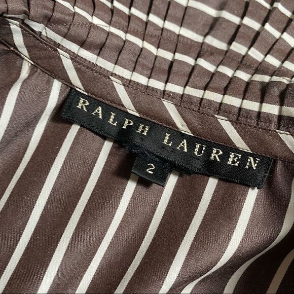 Ralph Lauren Polished Cotton Poplin Brown & White Accordion Pleat Ruffle Blouse - Picture 10 of 10